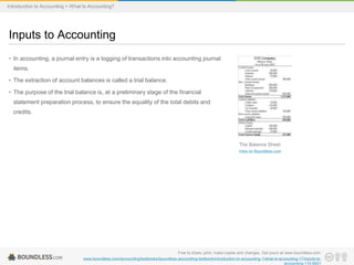 • In accounting, a journal entry is a logging of transactions into accounting journal
items.
• The extraction of account balances is called a trial balance.
• The purpose of the trial balance is, at a preliminary stage of the financial
statement preparation process, to ensure the equality of the total debits and
credits.
Inputs to Accounting
Free to share, print, make copies and changes. Get yours at www.boundless.com
www.boundless.com/accounting/textbooks/boundless-accounting-textbook/introduction-to-accounting-1/what-is-accounting-17/inputs-to-
accounting-110-6831
The Balance Sheet
View on Boundless.com
Introduction to Accounting > What Is Accounting?
 