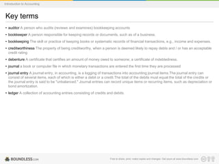 Key terms
• auditor A person who audits (reviews and examines) bookkeeping accounts
• bookkeeper A person responsible for keeping records or documents, such as of a business.
• bookkeeping The skill or practice of keeping books or systematic records of financial transactions, e.g., income and expenses.
• creditworthiness The property of being creditworthy, when a person is deemed likely to repay debts and / or has an acceptable
credit rating
• debenture A certificate that certifies an amount of money owed to someone; a certificate of indebtedness.
• journal a book or computer file in which monetary transactions are entered the first time they are processed
• journal entry A journal entry, in accounting, is a logging of transactions into accounting journal items.The journal entry can
consist of several items, each of which is either a debit or a credit.The total of the debits must equal the total of the credits or
the journal entry is said to be "unbalanced." Journal entries can record unique items or recurring items, such as depreciation or
bond amortization.
• ledger A collection of accounting entries consisting of credits and debits.
Free to share, print, make copies and changes. Get yours at www.boundless.com
Introduction to Accounting
 