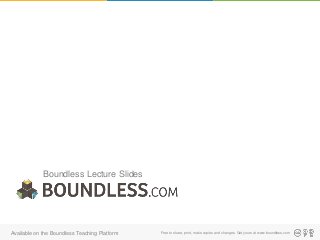 Boundless Lecture Slides
Free to share, print, make copies and changes. Get yours at www.boundless.comAvailable on the Boundless Teaching Platform
 