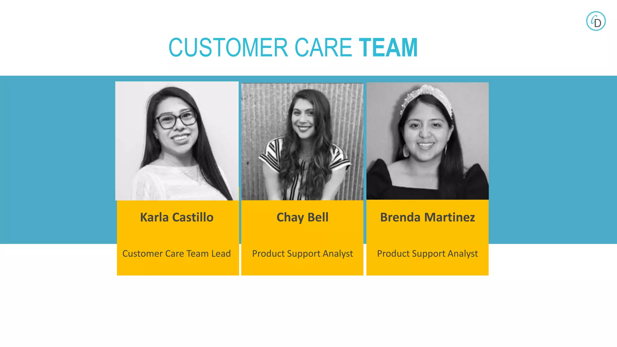 MEET
Karla Castillo
Customer Care Team Lead
Chay Bell
Product Support Analyst
Brenda Martinez
Product Support Analyst
CUSTOMER CARE TEAM
 