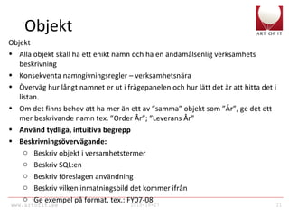 www.artofit.se 2010-10-27 21
Objekt
Objekt
• Alla objekt skall ha ett enikt namn och ha en ändamålsenlig verksamhets
beskrivning
• Konsekventa namngivningsregler – verksamhetsnära
• Överväg hur långt namnet er ut i frågepanelen och hur lätt det är att hitta det i
listan.
• Om det finns behov att ha mer än ett av ”samma” objekt som ”År”, ge det ett
mer beskrivande namn tex. ”Order År”; ”Leverans År”
• Använd tydliga, intuitiva begrepp
• Beskrivningsövervägande:
o Beskriv objekt i versamhetstermer
o Beskriv SQL:en
o Beskriv föreslagen användning
o Beskriv vilken inmatningsbild det kommer ifrån
o Ge exempel på format, tex.: FY07-08
 