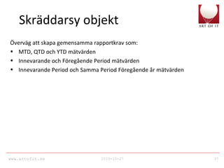 www.artofit.se 2010-10-27 37
Skräddarsy objekt
Överväg att skapa gemensamma rapportkrav som:
• MTD, QTD och YTD mätvärden
• Innevarande och Föregående Period mätvärden
• Innevarande Period och Samma Period Föregående år mätvärden
 
