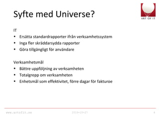 www.artofit.se 2010-10-27 4
Syfte med Universe?
IT
• Ersätta standardrapporter ifrån verksamhetssystem
• Inga fler skräddarsydda rapporter
• Göra tillgängligt för användare
Verksamhetsmål
• Bättre uppföljning av verksamheten
• Totalgrepp om verksamheten
• Enhetsmål som effektivitet, förre dagar för fakturoe
 