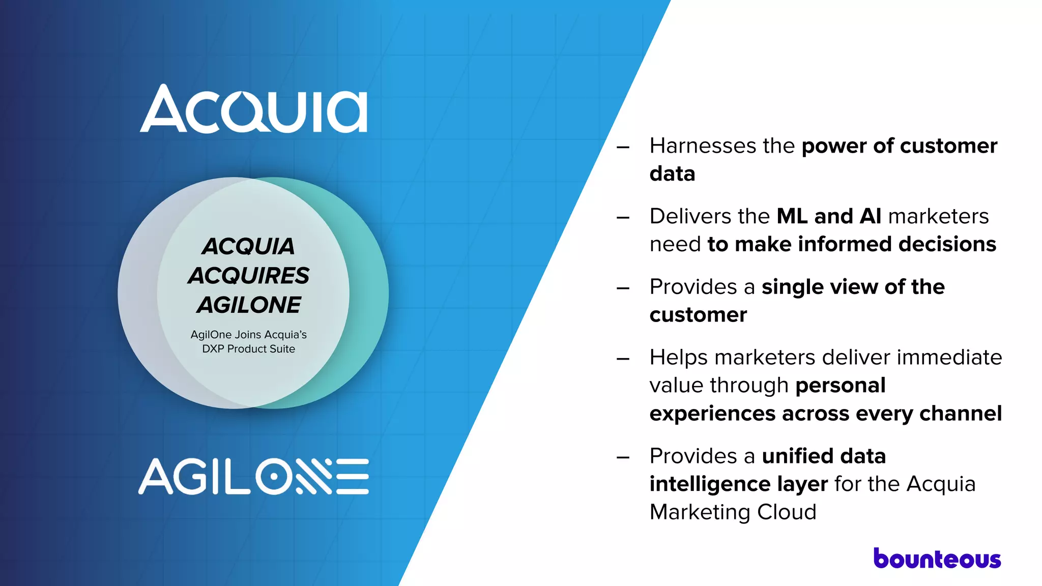ACQUIA
ACQUIRES
AGILONE
AgilOne Joins Acquia’s
DXP Product Suite
– Harnesses the power of customer
data
– Delivers the ML and AI marketers
need to make informed decisions
– Provides a single view of the
customer
– Helps marketers deliver immediate
value through personal
experiences across every channel
– Provides a uniﬁed data
intelligence layer for the Acquia
Marketing Cloud
 