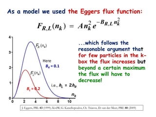 As a model we used the Eggers flux function:
                                                                 2
                                                        BR , L nk
                FR, L (nk )                       2
                                                 Ank e

                                                  ...which follows the
                                                  reasonable argument that
                                                  for few particles in the k-
                     Here                         box the flux increases but
                      BR = 0.1
                                                  beyond a certain maximum
                                                  the flux will have to
                                                  decrease!
                           i.e., hL = 2hR
       BL = 0.2



    J. Eggers, PRL 83 (1999); KvdW, G. Kanellopoulos, Ch. Tsiavos, D. van der Meer, PRE 80 (2009)
 