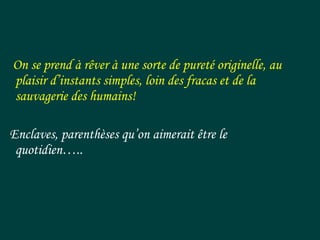 On se prend à rêver à une sorte de pureté originelle, au
plaisir d’instants simples, loin des fracas et de la
sauvagerie des humains!
Enclaves, parenthèses qu’on aimerait être le
quotidien…..
 