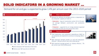 Main market drivers 
BOURBON Corporate 10 Presentation 
SOLID INDICATORS IN A GROWING MARKET … 
Investment & operations expenditures (in $bn) 
Favorable forecasts 
 Total exploration and production expenditures (E&P) by 
oil companies are expected to continue increasing (+8% in 
2014) 
 E&P expected average growth on mid and deepwater 
offshore : 10% per annum over 2013‐2018 period 
 E&P expected average growth on shallow offshore : 7% 
per annum over 2013‐2018 period 
Forecasts 
Demand for oil and gas is expected to grow 1.4% per annum over the 2013-2020 period 
- 
50 
100 
150 
200 
250 
300 
350 
400 
2010 2011 2012 2013 2014 2015 2016 2017 2018 2019 2020 
Mid & deepwater E&P expenditure 2010-2020 
Shallow water E&P expenditure 2010-2020 
October, 2014 
 Demand for offshore oil and gas services is dependent on 
oil companies’ capacity to invest in: 
- Exploration : long oil investments cycles (10 to 20 years 
on average between construction and production 
phases) 
- Production : supported by an energy demand expected 
to increase by 41% over the period 2012-2015 
 