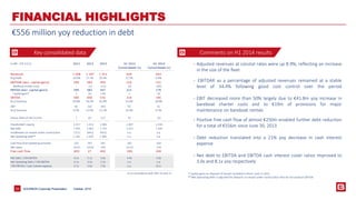 BOURBON Corporate 24 Presentation 
FINANCIAL HIGHLIGHTS 
€556 million yoy reduction in debt 
- EBITDAR as a percentage of adjusted revenues remained at a stable 
level of 34.4% following good cost control over the period 
* Capital gains on disposal of vessels included in direct costs in 2012 
** Net Operating Debt is adjusted for deposits on vessel under construction that do not produce EBITDA 
- EBIT decreased more than 50% largely due to €41.8m yoy increase in 
bareboat charter costs and to €19m of provisions for major 
maintenance on bareboat rentals 
- Net debt to EBITDA and EBITDA cash interest cover ratios improved to 
3.0x and 8.1x yoy respectively 
Key consolidated data 
- Positive free cash flow of almost €250m enabled further debt reduction 
for a total of €556m since June 30, 2013 
- Adjusted revenues at constat rates were up 8.9%, reflecting an increase 
in the size of the fleet 
Comments on H1 2014 results 
- Debt reduction translated into a 21% yoy decrease in cash interest 
expense 
October, 2014 
In M€ ‐ FYE 31/12 2011 2012 2013 H1 2013 H1 2014 
Consol idated (1) Consol idated (1) 
Revenues 1 008 1 187 1 312 639 643 
% growth 18.6% 17.7% 10.5% 12.5% 0.6% 
EBITDAR (exc l . capi tal gains) 299 383 450 216 221 
Bareboat charter costs - (1) (13) (3) (45) 
EBITDA (exc l . capi tal gains) 299 382 437 212 176 
Capital gains* 1 24 139 1 10 
EBITDA 300 406 576 214 185 
% of revenues 29.8% 34.2% 43.9% 33.4% 28.9% 
EBIT 85 162 303 92 41 
% of revenues 8.5% 13.6% 23.1% 14.4% 6.3% 
Group share of net income 7 42 115 31 (5) 
Shareholder's equity 1 417 1 412 1 485 1 407 1 426 
Net Debt 1 955 2 061 1 741 2 151 1 595 
Installments on vessels under construction (711) (641) (432) n.a. n.a. 
Net Operating Debt** 1 245 1 420 1 309 n.a. n.a. 
Cash flow from operating activities 232 347 341 182 104 
Net capex (315) (320) 109 (212) 143 
Free cash flow (83) 27 450 (30) 246 
Net Debt / LTM EBITDA 6.5x 5.1x 3.0x 4.9x 3.0x 
Net Operating Debt / LTM EBITDA 4.1x 3.5x 2.3x n.a. n.a. 
LTM EBITDA / Cash interest expense 4.7x 5.6x 7.9x n.a. 8.1x 
(1) in accordance with IFRS 10 and 11 
 