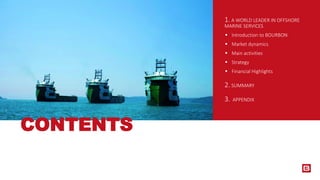 1. A WORLD LEADER IN OFFSHORE 
MARINE SERVICES 
 Introduction to BOURBON 
 Market dynamics 
 Main activities 
 Strategy 
 Financial Highlights 
2. SUMMARY 
3. APPENDIX 
CONTENTS 
 
