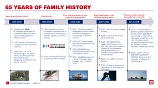 BOURBON Corporate 7 Presentation 
65 YEARS OF FAMILY HISTORY 
1948-1989 2000-2006 2007-2012 2013-2014 
Sugar cane in Reunion Island Diversification 
From a conglomerate to a pure 
player in marine services 
A worldwide leader in the 
offshore maritime sector 
“Transforming for beyond” 
Successful bid by JACCAR 
1989-1999 
 Established in 1948, 
BOURBON (then known as 
Sucreries de Bourbon) was a 
sugar company based in 
Reunion Island 
 1979 : Jacques d’Armand de 
Chateauvieux was appointed 
Chairman 
 1980-1989 : Industrial 
restructuring of the sugar 
activity. Diversification of 
activities into food-processing, 
distribution and 
marine services 
 1992 : Acquisition of the 
Compagnie Chambon and its 
subsidiary Surf, dedicated to 
offshore oil and gas marine 
services 
 1998 : Initial Public Offering 
on Paris secondary market 
 2001 : The Group steadily 
disengaged from its historic 
activities and began to 
concentrate on marine 
services 
 2003-2007 : New strategic 
plan with marine services as 
sole business 
 2004 : BOURBON was 
classified by Euronext in the 
“Oil Services” sector 
 2006 : BOURBON added to 
the SBF 120 index. New 
strategic plan : “Horizon 
2010” 
 2007 : sale of portage towage 
Activity 
 2008 : Launch of the Subsea 
Services Activity 
 2010 : “BOURBON 2015 
Leadership Strategy”, new 
US$ 2 bn investment program 
(growth of the deepwater 
offshore business and 
renewal of the shallow water 
offshore fleet) 
 2010 : sale of Bulk transport 
Activity 
 2011 : Change in governance 
(separation of Chairman and 
CEO roles) 
 2013 : “Transforming for 
beyond” plan to prepare for 
future growth. BOURBON 
announced its intention to 
sell supply vessels for up to 
US$ 2.5 billion, while 
continuing to operate them 
for 10 years under a 
bareboat chartering contract 
 2014: Tender offer on 
BOURBON by JACCAR 
Holdings, the investment 
company of Jacques de 
Chateauvieux 
October, 2014 
 
