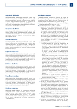 139BOURBON RAPPORT FINANCIER 2008
6AUTRES INFORMATIONS JURIDIQUES ET FINANCIÈRES
Quatrième résolution
L’assemblée générale, statuant aux conditions de quorum et de
majorité requises pour les assemblées générales ordinaires, après
avoir entendu le rapport du conseil d’administration sur la gestion
du groupe et le rapport des commissaires aux comptes sur les
comptes consolidés arrêtés au 31 décembre 2008, les approuve
tels qu’ils ont été présentés, ainsi que les opérations traduites dans
ces comptes et résumées dans ces rapports.
Cinquième résolution
L’assemblée générale, statuant aux conditions de quorum et de
majorité requises pour les assemblées générales ordinaires, après
avoir entendu le rapport spécial des commissaires aux comptes,
approuve les conventions qui y sont mentionnées et ce rapport
dans toutes ses parties.
Sixième résolution
L’assemblée générale, statuant aux conditions de quorum et de
majorité requises pour les assemblées générales ordinaires, après
avoir pris connaissance du rapport du conseil d’administration,
décide de ﬁxer la somme globale des jetons de présence alloués au
conseil d’administration à 200 000 euros pour l’exercice 2008 et
les exercices ultérieurs.
Septième résolution
L’assemblée générale, statuant aux conditions de quorum et de
majoritérequisespourlesassembléesgénéralesordinaires,constate
que le mandat d’administrateur de Madame Dominique Senequier
arrive à son terme, décide de le renouveler pour une période de trois
années, soit jusqu’à l’issue de l’assemblée qui statuera en 2012 sur
les comptes de l’exercice clos le 31 décembre 2011.
Huitième résolution
L’assemblée générale, statuant aux conditions de quorum et de
majoritérequisespourlesassembléesgénéralesordinaires,constate
que le mandat d’administrateur de Monsieur Marc Francken arrive
à son terme, décide de le renouveler pour une période de trois
années, soit jusqu’à l’issue de l’assemblée qui statuera en 2012 sur
les comptes de l’exercice clos le 31 décembre 2011.
Neuvième résolution
L’assemblée générale, statuant aux conditions de quorum et de
majoritérequisespourlesassembléesgénéralesordinaires,constate
que le mandat d’administrateur de Monsieur Roger Wright arrive
à son terme, décide de le renouveler pour une période de trois
années, soit jusqu’à l’issue de l’assemblée qui statuera en 2012 sur
les comptes de l’exercice clos le 31 décembre 2011.
Dixième résolution
L’assemblée générale, statuant aux conditions de quorum et
de majorité requises pour les assemblées générales ordinaires,
décide de nommer en tant qu’administrateur Monsieur Philippe
Sautter, demeurant à Saint-Égrève (38120) 4 rue Clapières,
pour une période de trois années, soit jusqu’à l’issue de l’assem-
blée qui statuera en 2012 sur les comptes de l’exercice clos le
31 décembre 2011.
Onzième résolution
L’assemblée générale, statuant aux conditions de quorum et
de majorité requises pour les assemblées générales ordinaires,
connaissance prise du rapport du conseil d’administration et du
projet de détail du programme de rachat d’actions, décide :
de mettre ﬁn au programme de rachat en cours décidé par■
l’assemblée générale mixte du 30 mai 2008 ;
d’adopter le programme ci-après et à cette ﬁn :■
1) autorise le conseil d’administration, avec faculté de
subdélégation, conformément aux dispositions des articles
L. 225-209 et suivants du Code de commerce, à acheter
les actions de la société, sans jamais pouvoir détenir plus
de 10 % du capital de la société au 31 décembre 2008,
5 546 130 actions, étant entendu que le pourcentage de
rachat maximum d’actions acquises par la société en vue de
leur conservation et de leur remise ultérieure en paiement
ou en échange dans le cadre d’une opération de fusion, de
scission ou d’apport est limité à 5 %, conformément aux
dispositions légales,
2) décide que les actions pourront être achetées en vue :
d’assurer l’animation du marché par un prestataire de–
service d’investissement intervenant en toute indépen-
dance dans le cadre d’un contrat de liquidité conforme
à une charte de déontologie reconnue par l’Autorité des
marchés ﬁnanciers,
de conserver en vue de remettre ultérieurement–
ses actions à titre de paiements ou d’échange dans le
cadre d’opérations de croissance externe initiées par la
société,
d’attribuer des actions aux salariés et mandataires sociaux–
autorisés de la société ou de son groupe, par attribution
d’options d’achat d’actions dans le cadre des dispositions
des articles L. 225-179 et suivants du Code de commerce,
ou par attribution d’actions gratuites dans le cadre des
dispositions des articles L. 225-197-1 et suivants du
Code de commerce, ou au titre de leur participation aux
fruits de l’expansion de l’entreprise ou dans le cadre d’un
plan d’actionnariat ou d’un plan d’épargne d’entreprise,
de remettre ses actions lors de l’exercice de droits atta-–
chés à des valeurs mobilières donnant droit par conver-
sion, exercice, remboursement ou échange à l’attribution
d’actions de la société, dans le cadre de la réglementation
boursière.
de les annuler par voie de réduction de capital dans les–
conditions ﬁxées par la loi, sous réserve de l’adoption de la
quinzième résolution ci-après,
3) décide que le prix maximum d’achat par action ne pourra pas
dépasser quarante-cinq euros (45 euros), hors frais,
4) décide que le conseil d’administration pourra toutefois
ajuster le prix d’achat susmentionné en cas de modiﬁcation
du nominal de l’action, d’augmentation du capital par incor-
poration de réserves et attribution d’actions gratuites, de
division ou de regroupement d’actions, d’amortissement ou
réduction de capital, de distribution de réserves ou autres
actifs et de toutes autres opérations portant sur les capitaux
propres, pour tenir compte de l’incidence de ces opérations
sur la valeur de l’action ;
5) décide que le montant maximum des fonds destinés à la réali-
sation de ce programme d’achat d’actions ne pourra dépasser
deux cent quarante-neuf millions cinq cent soixante-quinze
mille huit cent cinquante euros (249 575 850 euros),
6) décide que les actions pourront être achetées par tout
moyen, et notamment en tout ou partie par des interven-
090430DRF_Bourbon_FR.indb 139 19/05/09 12:19:39
 
