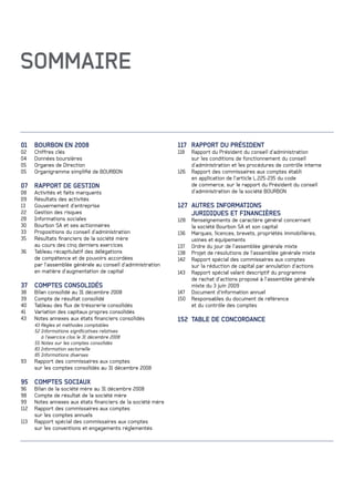 01 BOURBON EN 2008
02 Chiffres clés
04 Données boursières
05 Organes de Direction
05 Organigramme simpliﬁé de BOURBON
07 RAPPORT DE GESTION
08 Activités et faits marquants
09 Résultats des activités
13 Gouvernement d’entreprise
22 Gestion des risques
28 Informations sociales
30 Bourbon SA et ses actionnaires
33 Propositions du conseil d’administration
35 Résultats ﬁnanciers de la société mère
au cours des cinq derniers exercices
36 Tableau récapitulatif des délégations
de compétence et de pouvoirs accordées
par l’assemblée générale au conseil d’administration
en matière d’augmentation de capital
37 COMPTES CONSOLIDÉS
38 Bilan consolidé au 31 décembre 2008
39 Compte de résultat consolidé
40 Tableau des ﬂux de trésorerie consolidés
41 Variation des capitaux propres consolidés
43 Notes annexes aux états ﬁnanciers consolidés
43 Règles et méthodes comptables
52 Informations signiﬁcatives relatives
à l’exercice clos le 31 décembre 2008
55 Notes sur les comptes consolidés
83 Information sectorielle
85 Informations diverses
93 Rapport des commissaires aux comptes
sur les comptes consolidés au 31 décembre 2008
95 COMPTES SOCIAUX
96 Bilan de la société mère au 31 décembre 2008
98 Compte de résultat de la société mère
99 Notes annexes aux états ﬁnanciers de la société mère
112 Rapport des commissaires aux comptes
sur les comptes annuels
113 Rapport spécial des commissaires aux comptes
sur les conventions et engagements réglementés
117 RAPPORT DU PRÉSIDENT
118 Rapport du Président du conseil d’administration
sur les conditions de fonctionnement du conseil
d’administration et les procédures de contrôle interne
126 Rapport des commissaires aux comptes établi
en application de l’article L.225-235 du code
de commerce, sur le rapport du Président du conseil
d’administration de la société BOURBON
127 AUTRES INFORMATIONS
JURIDIQUES ET FINANCIÈRES
128 Renseignements de caractère général concernant
la société Bourbon SA et son capital
136 Marques, licences, brevets, propriétés immobilières,
usines et équipements
137 Ordre du jour de l’assemblée générale mixte
138 Projet de résolutions de l’assemblée générale mixte
142 Rapport spécial des commissaires aux comptes
sur la réduction de capital par annulation d’actions
143 Rapport spécial valant descriptif du programme
de rachat d’actions proposé à l’assemblée générale
mixte du 3 juin 2009
147 Document d’information annuel
150 Responsables du document de référence
et du contrôle des comptes
152 TABLE DE CONCORDANCE
SOMMAIRE
Création et réalisation : SEQUOIA FRANKLIN - Photo : BOURBON
Imprimeur : ARTECOM- 89140 Pont-sur-Yonne.
La couverture de cette brochure est imprimée sur du papier Condat silk 100 % PEFC.
Les pages intérieures de cette brochure sont imprimées sur du papier Oxygen offset 100 % recyclé.
Imprimé sur papier certifié 100 % PEFC garantissant une gestion des forêts respectueuse de l’environnement.
 