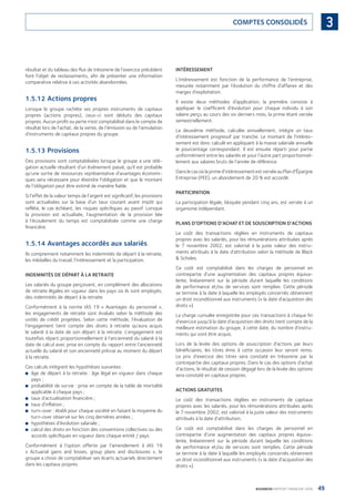 49BOURBON RAPPORT FINANCIER 2008
3COMPTES CONSOLIDÉS
résultat et du tableau des ﬂux de trésorerie de l’exercice précédent
font l’objet de reclassements, aﬁn de présenter une information
comparative relative à ces activités abandonnées.
1.5.12 Actions propres
Lorsque le groupe rachète ses propres instruments de capitaux
propres (actions propres), ceux-ci sont déduits des capitaux
propres. Aucun proﬁt ou perte n’est comptabilisé dans le compte de
résultat lors de l’achat, de la vente, de l’émission ou de l’annulation
d’instruments de capitaux propres du groupe.
1.5.13 Provisions
Des provisions sont comptabilisées lorsque le groupe a une obli-
gation actuelle résultant d’un événement passé, qu’il est probable
qu’une sortie de ressources représentative d’avantages économi-
ques sera nécessaire pour éteindre l’obligation et que le montant
de l’obligation peut être estimé de manière ﬁable.
Si l’effet de la valeur temps de l’argent est signiﬁcatif, les provisions
sont actualisées sur la base d’un taux courant avant impôt qui
reﬂète, le cas échéant, les risques spéciﬁques au passif. Lorsque
la provision est actualisée, l’augmentation de la provision liée
à l’écoulement du temps est comptabilisée comme une charge
ﬁnancière.
1.5.14 Avantages accordés aux salariés
Ils comprennent notamment les indemnités de départ à la retraite,
les médailles du travail, l’intéressement et la participation.
INDEMNITÉS DE DÉPART À LA RETRAITE
Les salariés du groupe perçoivent, en complément des allocations
de retraite légales en vigueur dans les pays où ils sont employés,
des indemnités de départ à la retraite.
Conformément à la norme IAS 19 « Avantages du personnel »,
les engagements de retraite sont évalués selon la méthode des
unités de crédit projetées. Selon cette méthode, l’évaluation de
l’engagement tient compte des droits à retraite qu’aura acquis
le salarié à la date de son départ à la retraite. L’engagement est
toutefois réparti proportionnellement à l’ancienneté du salarié à la
date de calcul avec prise en compte du rapport entre l’ancienneté
actuelle du salarié et son ancienneté prévue au moment du départ
à la retraite.
Ces calculs intègrent les hypothèses suivantes :
âge de départ à la retraite : âge légal en vigueur dans chaque■
pays ;
probabilité de survie : prise en compte de la table de mortalité■
applicable à chaque pays ;
taux d’actualisation ﬁnancière ;■
taux d’inﬂation ;■
turn-over : établi pour chaque société en faisant la moyenne du■
turn-over observé sur les cinq dernières années ;
hypothèses d’évolution salariale ;■
calcul des droits en fonction des conventions collectives ou des■
accords spéciﬁques en vigueur dans chaque entité / pays.
Conformément à l’option offerte par l’amendement à IAS 19
« Actuarial gains and losses, group plans and disclosures », le
groupe a choisi de comptabiliser ses écarts actuariels directement
dans les capitaux propres.
INTÉRESSEMENT
L’intéressement est fonction de la performance de l’entreprise,
mesurée notamment par l’évolution du chiffre d’affaires et des
marges d’exploitation.
Il existe deux méthodes d’application, la première consiste à
appliquer le coefﬁcient d’évolution pour chaque individu à son
salaire perçu au cours des six derniers mois, la prime étant versée
semestriellement.
La deuxième méthode, calculée annuellement, intègre un taux
d’intéressement progressif par tranche. Le montant de l’intéres-
sement est donc calculé en appliquant à la masse salariale annuelle
le pourcentage correspondant. Il est ensuite réparti pour partie
uniformément entre les salariés et pour l’autre part proportionnel-
lement aux salaires bruts de l’année de référence.
Danslecasoùlaprimed’intéressementestverséeauPland’Épargne
Entreprise (PEE), un abondement de 20 % est accordé.
PARTICIPATION
La participation légale, bloquée pendant cinq ans, est versée à un
organisme indépendant.
PLANS D’OPTIONS D’ACHAT ET DE SOUSCRIPTION D’ACTIONS
Le coût des transactions réglées en instruments de capitaux
propres avec les salariés, pour les rémunérations attribuées après
le 7 novembre 2002, est valorisé à la juste valeur des instru-
ments attribués à la date d’attribution selon la méthode de Black
& Scholes.
Ce coût est comptabilisé dans les charges de personnel en
contrepartie d’une augmentation des capitaux propres équiva-
lente, linéairement sur la période durant laquelle les conditions
de performance et/ou de services sont remplies. Cette période
se termine à la date à laquelle les employés concernés obtiennent
un droit inconditionnel aux instruments (« la date d’acquisition des
droits »).
La charge cumulée enregistrée pour ces transactions à chaque ﬁn
d’exercice jusqu’à la date d’acquisition des droits tient compte de la
meilleure estimation du groupe, à cette date, du nombre d’instru-
ments qui vont être acquis.
Lors de la levée des options de souscription d’actions par leurs
bénéﬁciaires, les titres émis à cette occasion leur seront remis.
Le prix d’exercice des titres sera constaté en trésorerie par la
contrepartie des capitaux propres. Dans le cas des options d’achat
d’actions, le résultat de cession dégagé lors de la levée des options
sera constaté en capitaux propres.
ACTIONS GRATUITES
Le coût des transactions réglées en instruments de capitaux
propres avec les salariés, pour les rémunérations attribuées après
le 7 novembre 2002, est valorisé à la juste valeur des instruments
attribués à la date d’attribution.
Ce coût est comptabilisé dans les charges de personnel en
contrepartie d’une augmentation des capitaux propres équiva-
lente, linéairement sur la période durant laquelle les conditions
de performance et/ou de services sont remplies. Cette période
se termine à la date à laquelle les employés concernés obtiennent
un droit inconditionnel aux instruments (« la date d’acquisition des
droits »).
090430DRF_Bourbon_FR.indb 49 19/05/09 12:19:25
 