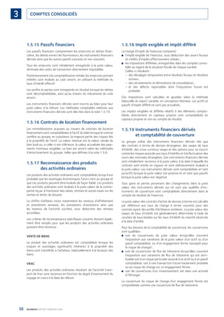50 BOURBON RAPPORT FINANCIER 2008
COMPTES CONSOLIDÉS3
1.5.15 Passifs financiers
Les passifs ﬁnanciers comprennent les emprunts et dettes ﬁnan-
cières, les dettes envers les fournisseurs, les instruments ﬁnanciers
dérivés ainsi que les autres passifs courants et non courants.
Tous les emprunts sont initialement enregistrés à la juste valeur,
diminuée des coûts de transaction directement imputables.
Postérieurement à la comptabilisation initiale, les emprunts portant
intérêts sont évalués au coût amorti, en utilisant la méthode du
taux d’intérêt effectif.
Les proﬁts et pertes sont enregistrés en résultat lorsque les dettes
sont décomptabilisées, ainsi qu’au travers du mécanisme du coût
amorti.
Les instruments ﬁnanciers dérivés sont inscrits au bilan pour leur
juste valeur à la clôture. Les méthodes comptables relatives aux
instruments ﬁnanciers dérivés sont décrites dans la note 1.5.19.
1.5.16 Contrats de location financement
Les immobilisations acquises au travers de contrats de location
ﬁnancement sont comptabilisées à l’actif du bilan lorsque le contrat
confère au groupe, en substance, la majeure partie des risques liés
à la propriété de l’actif. La valeur retenue est la valeur vénale du
bien loué ou, si celle-ci est inférieure, la valeur actualisée des paie-
ments minimaux exigibles. Le bien est amorti selon les méthodes
d’amortissement du groupe, telles que déﬁnies à la note 1.5.6.
1.5.17 Reconnaissance des produits
des activités ordinaires
Les produits des activités ordinaires sont comptabilisés lorsqu’il est
probable que les avantages économiques futurs iront au groupe et
que ces produits peuvent être évalués de façon ﬁable. Les produits
des activités ordinaires sont évalués à la juste valeur de la contre-
partie reçue, à l’exclusion des rabais, remises et autres taxes sur les
ventes et droits de douane.
Le chiffre d’affaires inclut notamment les revenus d’affrètement
et prestations annexes, les prestations d’assistance ainsi que
les revenus de l’activité sucrière, sous déduction des remises
accordées.
Les critères de reconnaissance spéciﬁques suivants doivent égale-
ment être remplis pour que les produits des activités ordinaires
puissent être reconnus :
VENTE DE BIENS
Le produit des activités ordinaires est comptabilisé lorsque les
risques et avantages signiﬁcatifs inhérents à la propriété des
biens sont transférés à l’acheteur, habituellement à la livraison des
biens.
VRAC
Les produits des activités ordinaires résultant de l’activité trans-
port de Vrac sont reconnus en fonction du degré d’avancement du
voyage en cours à la date de clôture.
1.5.18 Impôt exigible et impôt différé
La charge d’impôt de l’exercice comprend :
l’impôt exigible de l’exercice, sous déduction des avoirs ﬁscaux■
et crédits d’impôts effectivement utilisés ;
les impositions différées, enregistrées dans les comptes conso-■
lidés au regard de la situation ﬁscale de chaque société.
Celles-ci résultent :
des décalages temporaires entre résultats ﬁscaux et résultats–
sociaux,
des retraitements et éliminations de consolidation,–
et des déﬁcits reportables dont l’imputation future est–
probable.
Ces impositions sont calculées et ajustées selon la méthode
bilancielle du report variable, en conception étendue. Les actifs et
passifs d’impôt différé ne sont pas actualisés.
Les impôts exigibles et différés relatifs à des éléments compta-
bilisés directement en capitaux propres sont comptabilisés en
capitaux propres et non au compte de résultat.
1.5.19 Instruments financiers dérivés
et comptabilité de couverture
Le groupe utilise des instruments ﬁnanciers dérivés tels que
des contrats à terme de devises étrangères, des swaps de taux
d’intérêt, des cross currency swaps et des options pour se couvrir
contre les risques associés aux taux d’intérêts et à la ﬂuctuation des
cours des monnaies étrangères. Ces instruments ﬁnanciers dérivés
sont initialement reconnus à la juste valeur à la date à laquelle les
contrats sont entrés en vigueur et sont ultérieurement évalués à
la juste valeur. Les instruments dérivés sont comptabilisés en tant
qu’actifs lorsque la juste valeur est positive et en tant que passifs
lorsque la juste valeur est négative.
Tous gains et pertes provenant des changements dans la juste
valeur des instruments dérivés qui ne sont pas qualiﬁés d’ins-
truments de couverture sont comptabilisés directement dans le
compte de résultat de l’exercice.
La juste valeur des contrats d’achat de devises à terme est calculée
par référence aux taux de change à terme courants pour des
contrats ayant des proﬁls d’échéance similaires. La juste valeur des
swaps de taux d’intérêt est généralement déterminée à l’aide de
courbes de taux basées sur les taux d’intérêt du marché observés
à la date d’arrêté.
Pour les besoins de la comptabilité de couverture, les couvertures
sont qualiﬁées :
soit de couvertures de juste valeur lorsqu’elles couvrent■
l’exposition aux variations de la juste valeur d’un actif ou d’un
passif comptabilisé, ou d’un engagement ferme (excepté pour
le risque de change) ;
soit de couvertures de ﬂux de trésorerie lorsqu’elles couvrent■
l’exposition aux variations de ﬂux de trésorerie qui est attri-
buable soit à un risque particulier associé à un actif ou à un passif
comptabilisé, soit à une transaction future hautement probable
ou au risque de change sur un engagement ferme ;
soit de couvertures d’un investissement net dans une activité■
à l’étranger.
La couverture du risque de change d’un engagement ferme est
comptabilisée comme une couverture de ﬂux de trésorerie.
090430DRF_Bourbon_FR.indb 50 19/05/09 12:19:25
 