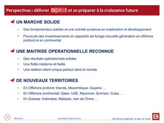 Building together a sea of trust
29 28/05/2013 Assemblée Générale Mixte
UN MARCHE SOLIDE
− Des fondamentaux solides et une activité soutenue en exploration et développement
− Poursuite des investissements en appareils de forage nouvelle génération en offshore
profond et en continental
UNE MAITRISE OPERATIONNELLE RECONNUE
− Des résultats opérationnels solides
− Une flotte moderne et fiable
− Une relation client unique partout dans le monde
DE NOUVEAUX TERRITOIRES
− En Offshore profond: Irlande, Mozambique, Guyane …
− En Offshore continental: Qatar, UAE, Myanmar, Surinam, Cuba, …
− En Subsea: Indonésie, Malaisie, mer de Chine …
Perspectives : délivrer et se préparer à la croissance future
 