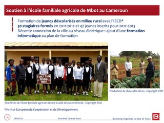 Building together a sea of trust
36 28/05/2013 Assemblée Générale Mixte
Formation de jeunes déscolarisés en milieu rural avec l’IECD*
30 stagiaires formés en 2011-2012 et 47 jeunes inscrits pour 2012-2013
Récente connexion de la ville au réseau électrique : ajout d’une formation
informatique au plan de formation
Soutien à l’école familiale agricole de Mbot au Cameroun
Production de choux des élèves - Copyright IECD
Des élèves de l’école familiale agricole devant la salle de classe rénovée - Copyright IECD
*Institut Européen de Coopération et de Développement
 