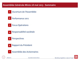 Building together a sea of trust
4 28/05/2013 Assemblée Générale Mixte
Ouverture de l’Assemblée
Performance 2012
Focus Opérations
Responsabilité sociétale
Perspectives
Rapport du Président
Assemblée des Actionnaires
Assemblée Générale Mixte 28 mai 2013 - Sommaire
1
2
4
5
6
7
3
 
