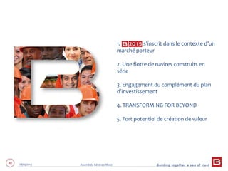 Building together a sea of trust
40 28/05/2013 Assemblée Générale Mixte
1. s’inscrit dans le contexte d’un
marché porteur
2. Une flotte de navires construits en
série
3. Engagement du complément du plan
d’investissement
4. TRANSFORMING FOR BEYOND
5. Fort potentiel de création de valeur
 