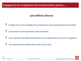 Building together a sea of trust
47 28/05/2013 Assemblée Générale Mixte
500 millions d’euros
En ligne avec notre stratégie d’investissement et de standardisation de la flotte
41 nouveaux navires parmi les séries existantes
Une extension des flottes Subsea Services et Marine Services sur les 3 segments
Pour des livraisons échelonnées entre 2014 et 2015
Engagement du complément des investissements prévus, …
 