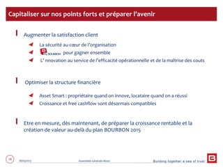 Building together a sea of trust
58 28/05/2013 Assemblée Générale Mixte
Augmenter la satisfaction client
La sécurité au cœur de l’organisation
pour gagner ensemble
L’ nnovation au service de l’efficacité opérationnelle et de la maîtrise des couts
Optimiser la structure financière
Asset Smart : propriétaire quand on innove, locataire quand on a réussi
Croissance et free cashflow sont désormais compatibles
Etre en mesure, dès maintenant, de préparer la croissance rentable et la
création de valeur au-delà du plan BOURBON 2015
Capitaliser sur nos points forts et préparer l’avenir
 