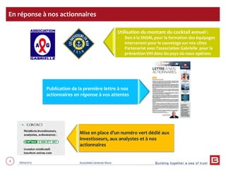 Building together a sea of trust
6 28/05/2013 Assemblée Générale Mixte
En réponse à nos actionnaires
Utilisation du montant du cocktail annuel :
- Don à la SNSM, pour la formation des équipages
intervenant pour le sauvetage sur nos côtes
- Partenariat avec l’association Gabrielle pour la
prévention VIH dans les pays où nous opérons
Publication de la première lettre à nos
actionnaires en réponse à vos attentes
Mise en place d’un numéro vert dédié aux
investisseurs, aux analystes et à nos
actionnaires
 