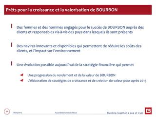 Building together a sea of trust
64 28/05/2013 Assemblée Générale Mixte
Des femmes et des hommes engagés pour le succès de BOURBON auprès des
clients et responsables vis-à-vis des pays dans lesquels ils sont présents
Des navires innovants et disponibles qui permettent de réduire les coûts des
clients, et l’impact sur l’environnement
Une évolution possible aujourd’hui de la stratégie financière qui permet
Une progression du rendement et de la valeur de BOURBON
L’élaboration de stratégies de croissance et de création de valeur pour après 2015
Prêts pour la croissance et la valorisation de BOURBON
 