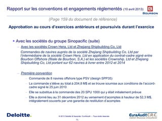 71
© 2013 Deloitte & Associés / EurAAudit – Tous droits réservés
Rapport sur les conventions et engagements réglementés (10 avril 2013)
 Avec les sociétés du groupe Sinopacific (suite)
– Avec les sociétés Crown Hera, Ltd et Zhejiang Shipbuilding Co, Ltd
Commandes de navires auprès de la société Zhejiang Shipbuilding Co, Ltd par
l’intermédiaire de la société Crown Hera, Ltd en application du contrat-cadre signé entre
Bourbon Offshore (filiale de Bourbon, S.A.) et les sociétés Crownship, Ltd et Zhejiang
Shipbuilding Co, Ltd portant sur 62 navires à livrer entre 2012 et 2014
– Première convention
– Commande de 8 navires offshore type PSV (design SPP35)
– La commande s’élève au total à 204,8 M$ et se trouve soumise aux conditions de l’accord-
cadre signé le 25 juin 2010
– Elle se substitue à la commande des 20 SPU 1000 qui y était initialement prévue
– Elle a donné lieu au 31 décembre 2012 au versement d’acomptes à hauteur de 52,3 M$,
intégralement couverts par une garantie de restitution d’acomptes
(Page 159 du document de référence)
Approbation au cours d’exercices antérieurs et poursuivis durant l’exercice
 