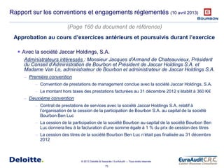 75
© 2013 Deloitte & Associés / EurAAudit – Tous droits réservés
Rapport sur les conventions et engagements réglementés (10 avril 2013)
 Avec la société Jaccar Holdings, S.A.
Administrateurs intéressés : Monsieur Jacques d’Armand de Chateauvieux, Président
du Conseil d’Administration de Bourbon et Président de Jaccar Holdings S.A. et
Madame Van Lo, administrateur de Bourbon et administrateur de Jaccar Holdings S.A.
– Première convention
– Convention de prestations de management conclue avec la société Jaccar Holdings, S.A.
– Le montant hors taxes des prestations facturées au 31 décembre 2012 s’établit à 360 K€
– Deuxième convention
– Contrat de prestations de services avec la société Jaccar Holdings S.A. relatif à
l’organisation de la cession de la participation de Bourbon S.A. au capital de la société
Bourbon Ben Luc
– La cession de la participation de la société Bourbon au capital de la société Bourbon Ben
Luc donnera lieu à la facturation d’une somme égale à 1 % du prix de cession des titres
– La cession des titres de la société Bourbon Ben Luc n’était pas finalisée au 31 décembre
2012
(Page 160 du document de référence)
Approbation au cours d’exercices antérieurs et poursuivis durant l’exercice
 