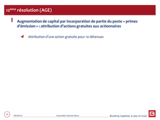 Building together a sea of trust
95 28/05/2013 Assemblée Générale Mixte
Augmentation de capital par incorporation de partie du poste « primes
d’émission » : attribution d’actions gratuites aux actionnaires
Attribution d’une action gratuite pour 10 détenues
12ème résolution (AGE)
 