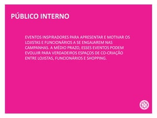 PÚBLICO INTERNO
EVENTOS INSPIRADORES PARA APRESENTAR E MOTIVAR OS
LOJISTAS E FUNCIONÁRIOS A SE ENGAJAREM NAS
CAMPANHAS. A MÉDIO PRAZO, ESSES EVENTOS PODEM
EVOLUIR PARA VERDADEIROS ESPAÇOS DE CO-CRIAÇÃO
ENTRE LOJISTAS, FUNCIONÁRIOS E SHOPPING.
 