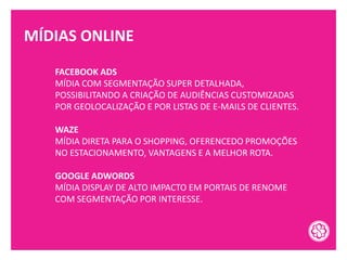 MÍDIAS ONLINE
FACEBOOK ADS
MÍDIA COM SEGMENTAÇÃO SUPER DETALHADA,
POSSIBILITANDO A CRIAÇÃO DE AUDIÊNCIAS CUSTOMIZADAS
POR GEOLOCALIZAÇÃO E POR LISTAS DE E-MAILS DE CLIENTES.
WAZE
MÍDIA DIRETA PARA O SHOPPING, OFERENCEDO PROMOÇÕES
NO ESTACIONAMENTO, VANTAGENS E A MELHOR ROTA.
GOOGLE ADWORDS
MÍDIA DISPLAY DE ALTO IMPACTO EM PORTAIS DE RENOME
COM SEGMENTAÇÃO POR INTERESSE.
 
