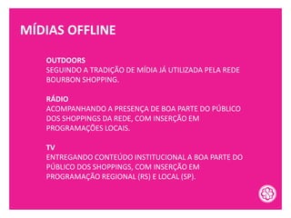 MÍDIAS OFFLINE
OUTDOORS
SEGUINDO A TRADIÇÃO DE MÍDIA JÁ UTILIZADA PELA REDE
BOURBON SHOPPING.
RÁDIO
ACOMPANHANDO A PRESENÇA DE BOA PARTE DO PÚBLICO
DOS SHOPPINGS DA REDE, COM INSERÇÃO EM
PROGRAMAÇÕES LOCAIS.
TV
ENTREGANDO CONTEÚDO INSTITUCIONAL A BOA PARTE DO
PÚBLICO DOS SHOPPINGS, COM INSERÇÃO EM
PROGRAMAÇÃO REGIONAL (RS) E LOCAL (SP).
 