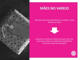 MÃES NO VAREJO
SEGUNDA DATA MAIS IMPORTANTE DO VAREJO, ATRÁS
APENAS DO NATAL
APESAR DE QUEDA NAS VENDAS NA DATA, EM 2016,
CONTINUA SENDO UM MOMENTO IMPORTANTE,
COM ALTAS TAXAS DE AQUISIÇÃO.
 