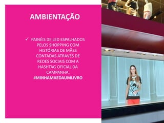 AMBIENTAÇÃO
✓ PAINÉIS DE LED ESPALHADOS
PELOS SHOPPING COM
HISTÓRIAS DE MÃES
CONTADAS ATRAVÉS DE
REDES SOCIAIS COM A
HASHTAG OFICIAL DA
CAMPANHA:
#MINHAMAEDAUMLIVRO
 