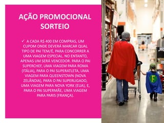 AÇÃO PROMOCIONAL
SORTEIO
✓ A CADA R$ 400 EM COMPRAS, UM
CUPOM ONDE DEVERÁ MARCAR QUAL
TIPO DE PAI TEM/É, PARA CONCORRER A
UMA VIAGEM ESPECIAL. NO ENTANTO,
APENAS UM SERÁ VENCEDOR. PARA O PAI
SUPERCHEF, UMA VIAGEM PARA ROMA
(ITÁLIA), PARA O PAI SUPERATLETA, UMA
VIAGEM PARA QUEENSTOWN (NOVA
ZELÂNDIA), PARA O PAI SUPERLIGADO,
UMA VIAGEM PARA NOVA YORK (EUA), E,
PARA O PAI SUPERMÃE, UMA VIAGEM
PARA PARIS (FRANÇA).
 