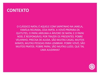 CONTEXTO
O CLÁSSICO NATAL É AQUELE COM SAPATINHO NA JANELA,
FAMÍLIA REUNIDA, CEIA FARTA. A VOVÓ PREPARA OS
QUITUTES, O PAPAI ARRUMA A ÁRVORE DE NATAL E O PAPAI
NOEL É RESPONSÁVEL POR TRAZER OS PRESENTES. POBRE
VELHINHO, PRECISA DE AJUDA. SÃO MUITAS CASAS, MUITOS
MIMOS, MUITAS PESSOAS PARA LEMBRAR. POBRE VOVÓ, SÃO
MUITOS PRATOS. POBRE PAPAI, SÃO MUITAS LUZES. QUE TAL
UMA AJUDINHA?
 