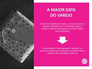A MAIOR DATA
DO VAREJO
DEVIDO AS COMPRAS DE NATAL, O FINAL DO ANO E O
DÉCIMO TERCEIRO, ESSE É O PERÍODO ONDE SE
ESPERA O MAIOR CRESCIMENTO DE TICKET MÉDIO
NOS SHOPPINGS.
O MOVIMENTO É NATURALMENTE INTENSO, E É
COMUM O HÁBITO DE SE DEIXAR AS COMPRAS PARA A
ÚLTIMA HORA CAUSANDO TUMULTO.
 