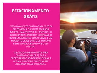 ESTACIONAMENTO
GRÁTIS
ESTACIONAMENTO GRÁTIS ACIMA DE R$ 50
EM COMPRAS: O CLIENTE BOURBON
MERECE UMA CORTESIA. ELE ESCOLHEU O
BOURBON PRA FAZER SUAS COMPRAS E O
BOURBON AGRADECE DESSA FORMA. É UM
MOMENTO CHAVE DIRETO DE CONEXÃO
ENTRE A MARCA BOURBON E O SEU
PÚBLICO.
O ESTACIONAMENTO GRÁTIS PARA
COMPRAS ACIMA DE R$ 50 É A
OPORTUNIDADE DO BOURBON DEIXAR A
ÚLTIMA IMPRESSÃO E DIZER MUITO
OBRIGADO PELA PREFERÊNCIA.
 