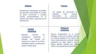 Habitus
Capital
simbólico
Campo
Violencia
simbólica
Competencias internalizadas que reflejan
una gramática social basada en la clase
de gusto, conocimiento y conducta
inscritos permanentemente en el
esquema del cuerpo y esquemas de los
pensamientos.
diferentes conjuntos de
competencias lingüísticas y
culturales que heredan los
individuos por medio de los límites
establecidos debido a la pertenencia
a grupo o estrato social.
Los campos de conocimiento se
presentan como espacios
estructurados de posiciones
enfrentadas (dominantes y dominadas).
Dominio fundamentado en el control
ideológico a partir de la sumisión eficiente.
La “violencia simbólica” no se impone a sí
mismo mecánicamente el oprimido; éste es
reproducido por ellos, debido a que el
habitus gobierna prácticas que asignan
límites a sus operaciones de intervención
 