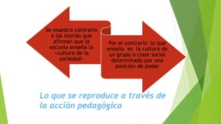Se muestra contrario
a las teorías que
afirman que la
escuela enseña la
«cultura de la
sociedad»
Por el contrario lo que
enseña es la cultura de
un grupo o clase social
determinado por una
posición de poder
Lo que se reproduce a través de
la acción pedagógica
 