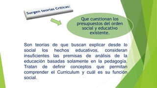Que cuestionan los
presupuestos del orden
social y educativo
existente.
Son teorías de que buscan explicar desde lo
social los hechos educativos, consideran
insuficientes las premisas de análisis de la
educación basadas solamente en la pedagogía.
Tratan de definir conceptos que permitan
comprender el Curriculum y cuál es su función
social.
 