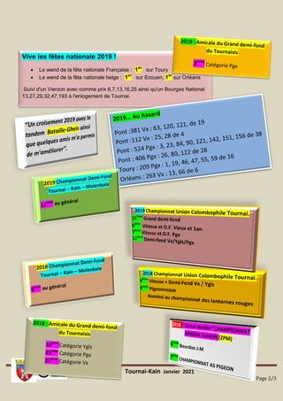 Vente Tournai-Kain Janvier 2021
Page 2/3
Vive les fêtes nationale 2019 !
 Le wend de la fête nationale Française : 1er
sur Toury
 Le wend de la fête nationale belge : 1er
sur Ecouen, 1er
sur Orléans
Suivi d'un Vierzon avec comme prix 6,7,13,16,25 ainsi qu'un Bourges National
13,27,29,32,47,193 à l'enlogement de Tournai.
 