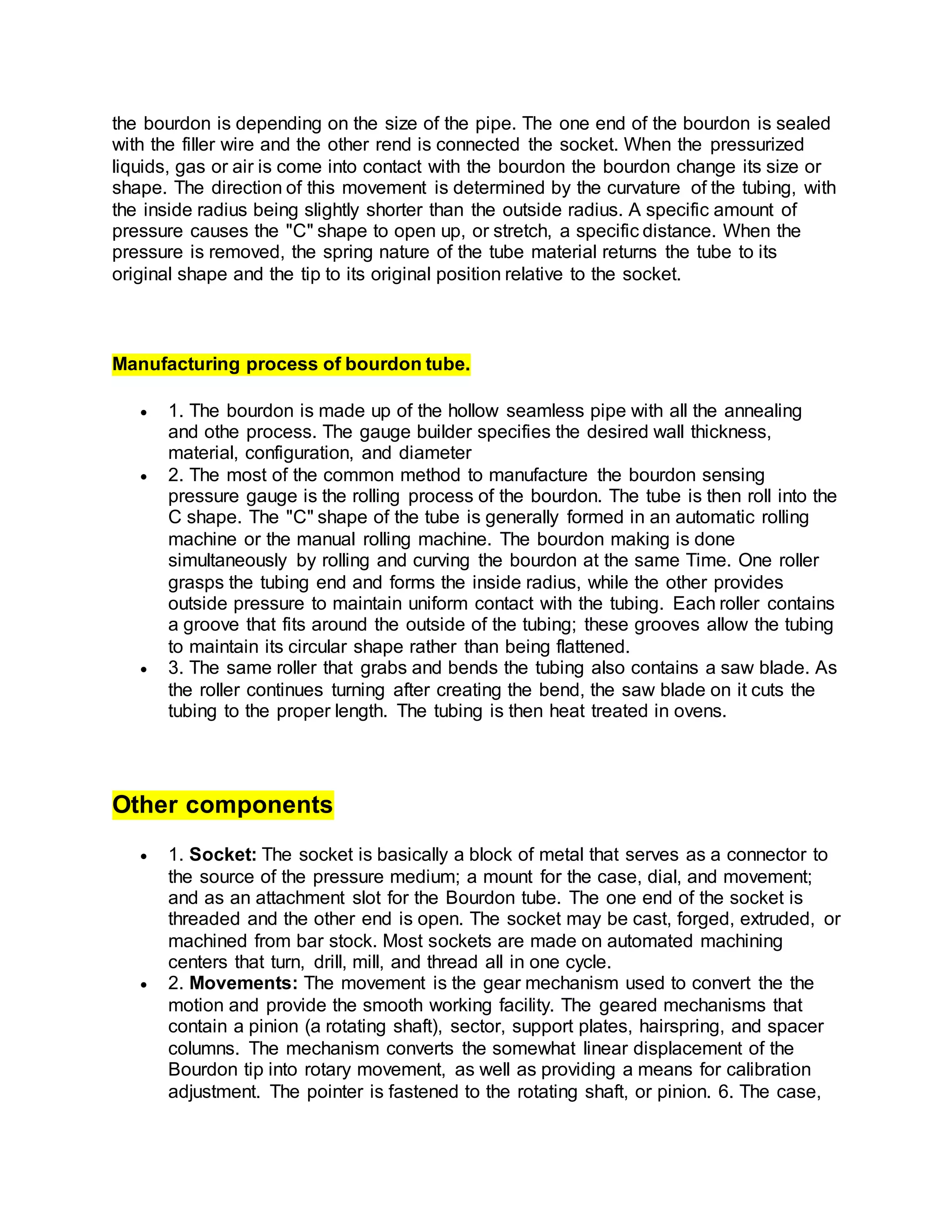Bourdon sensing pressure gauge. PDF
