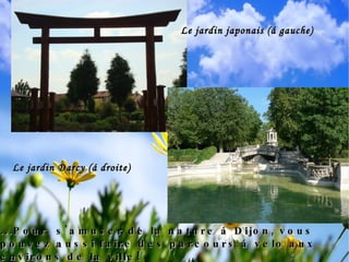 NATURE À DIJON: les jardins Les premiers jardins connus à Dijon sont ceux des monastères médiévaux. Puis, les jardins se développent avec la construction des hôtels particuliers, et d ans le même temps, la ville de Dijon crée des promenades publiques en dehors des murs de la ville.  De nos jours, Dijon s’attache à maintenir et à restaurer ses parcs et jardins historiques, tout en développant de nouveaux espaces, tel le Jardin Japonais. 