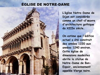 Realice una comparación precio/calidad con la competencia Dijon monumental CATHÉDRALE DE ST. BENIGNE Commencé en 1280, l'édifice gothique actuel couvert de voûtes a eté achevé dans la première moitié du XIVe siècle lorsqu'on dressa la façade. Après diverses restaurations et plusieurs remaniements au XIXe siècle, la cathédrale Saint-Bénigne est parvenue à nous non sans grands dommages.  