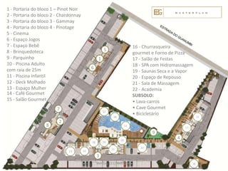 1 - Portaria do bloco 1 – Pinot Noir
2 - Portaria do bloco 2 - Chardonnay
3 - Portaria do bloco 3 - Gammay
4 - Portaria do bloco 4 - Pinotage
5 - Cinema
6 - Espaço Jogos
7 - Espaço Bebê                                                    16 - Churrasqueira
8 - Brinquedoteca                               5
                                                                   gourmet e Forno de Pizza
9 - Parquinho                               1                      17 - Salão de Festas
10 - Piscina Adulto                                                18 - SPA com Hidromassagem
com raia de 25m                        6
                                                                   19 - Saunas Seca e a Vapor
11 - Piscina Infantil                                              20 - Espaço de Repouso
12 - Deck Molhado                                                  21 - Sala de Massagem
13 - Espaço Mulher                                                 22 - Academia
14 - Café Gourmet                                                  SUBSOLO:
15 - Salão Gourmet                                                 • Lava-carros
                        7                                          • Cave Gourmet
                                                                   • Bicicletário
                         2
                   8
                                                                           9
                                                                                      4


                                           3
                                           Vendas: (21)7868-8945
 