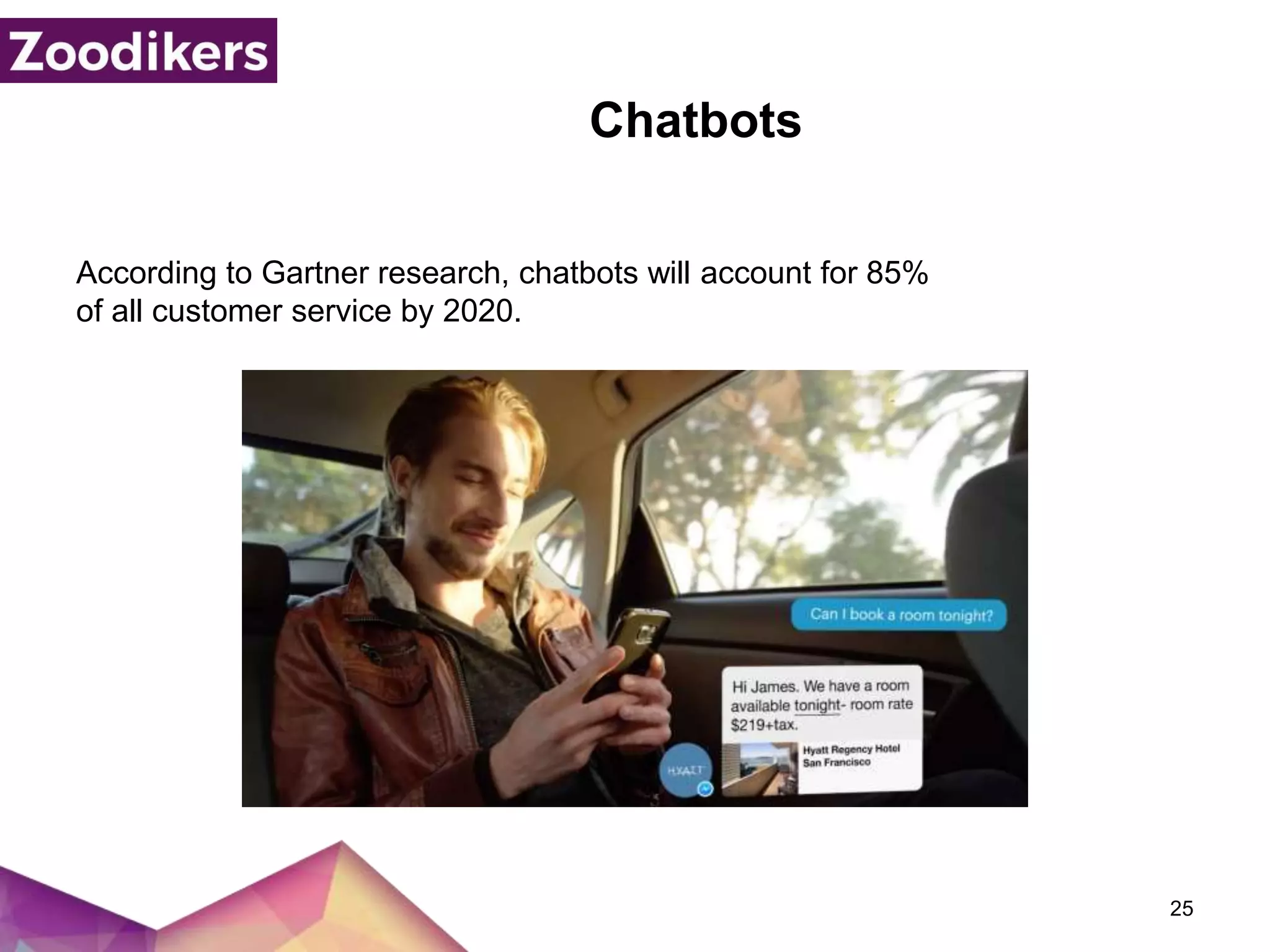 Chatbots
According to Gartner research, chatbots will account for 85%
of all customer service by 2020.
25
 