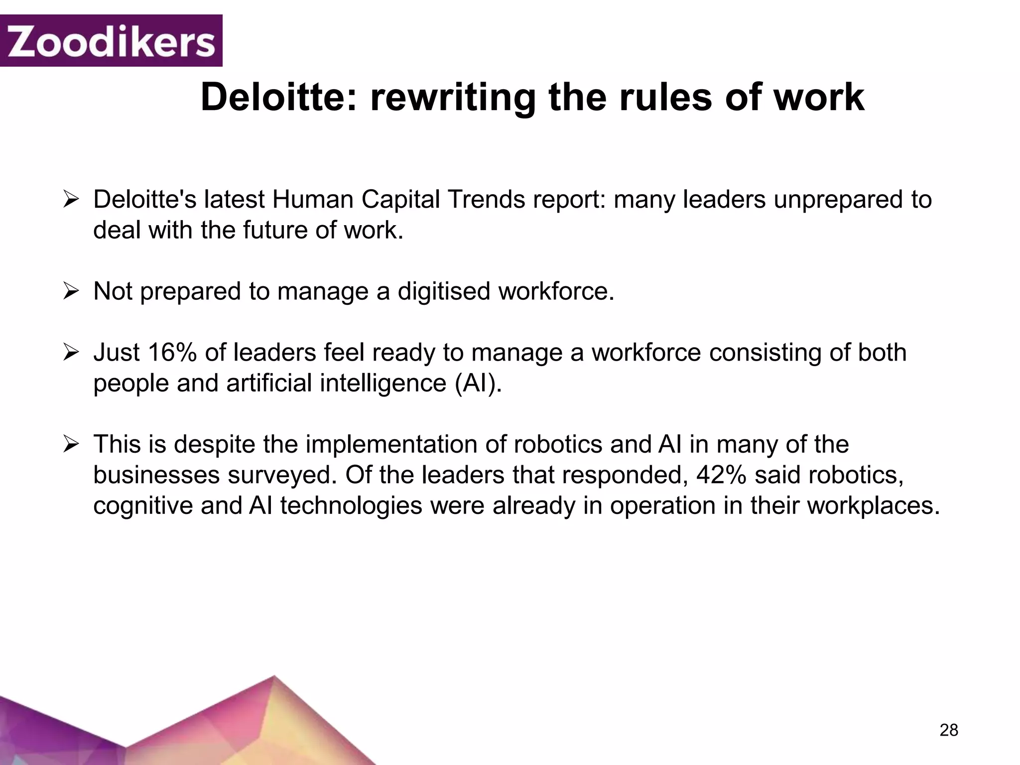 Deloitte: rewriting the rules of work
 Deloitte's latest Human Capital Trends report: many leaders unprepared to
deal with the future of work.
 Not prepared to manage a digitised workforce.
 Just 16% of leaders feel ready to manage a workforce consisting of both
people and artificial intelligence (AI).
 This is despite the implementation of robotics and AI in many of the
businesses surveyed. Of the leaders that responded, 42% said robotics,
cognitive and AI technologies were already in operation in their workplaces.
28
 