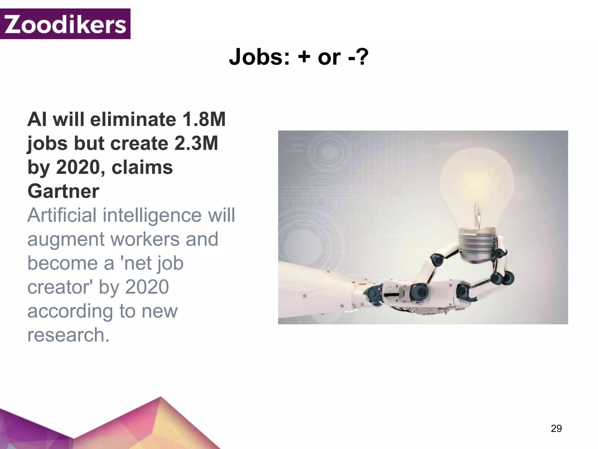 Jobs: + or -?
29
AI will eliminate 1.8M
jobs but create 2.3M
by 2020, claims
Gartner
Artificial intelligence will
augment workers and
become a 'net job
creator' by 2020
according to new
research.
 