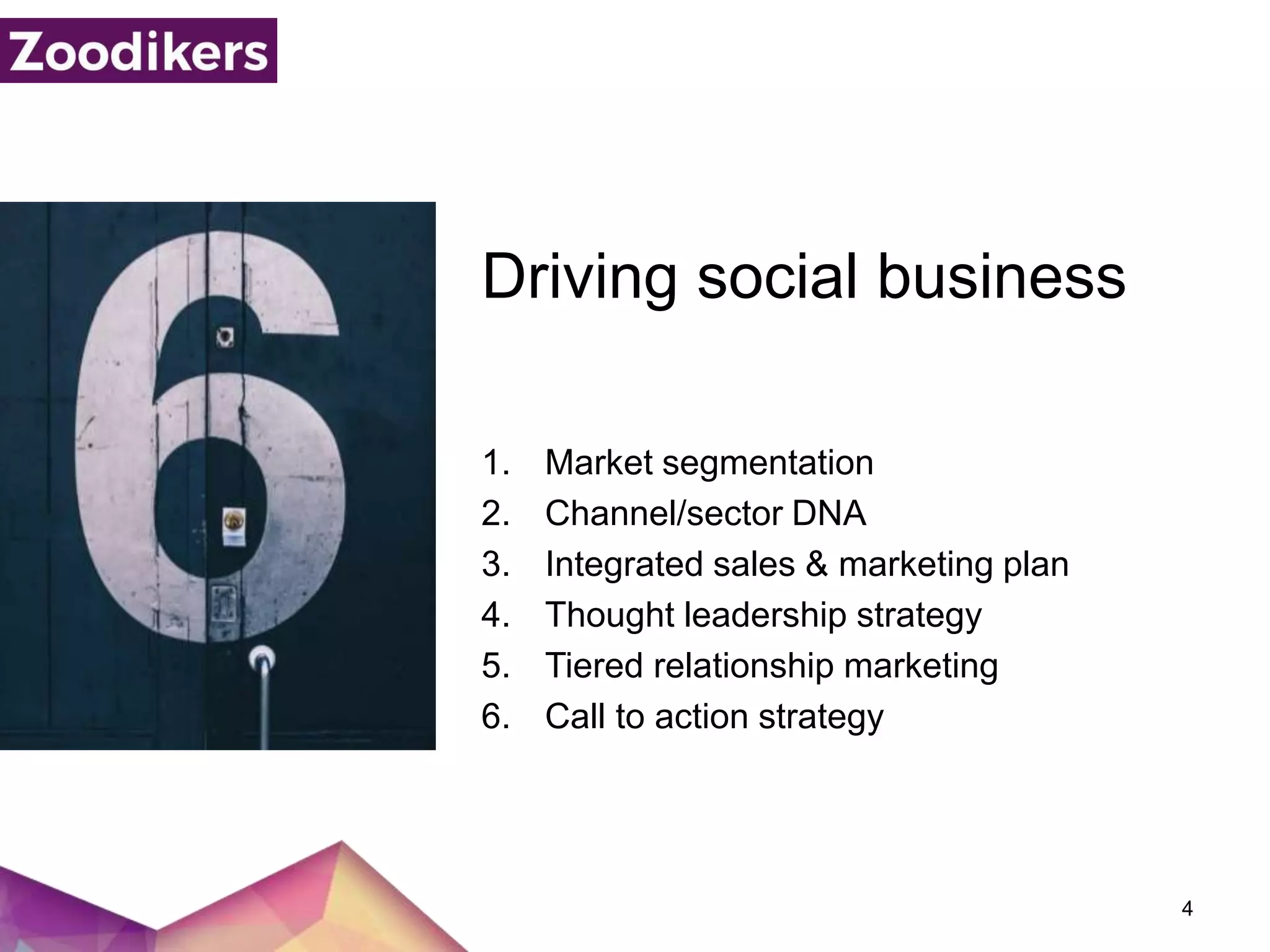 4
Driving social business
1. Market segmentation
2. Channel/sector DNA
3. Integrated sales & marketing plan
4. Thought leadership strategy
5. Tiered relationship marketing
6. Call to action strategy
 